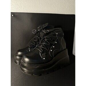 DEMONIA SHAKER-60 Women's  4" Wedge Platform Black Vegan Lace-Up Ankle Boot
